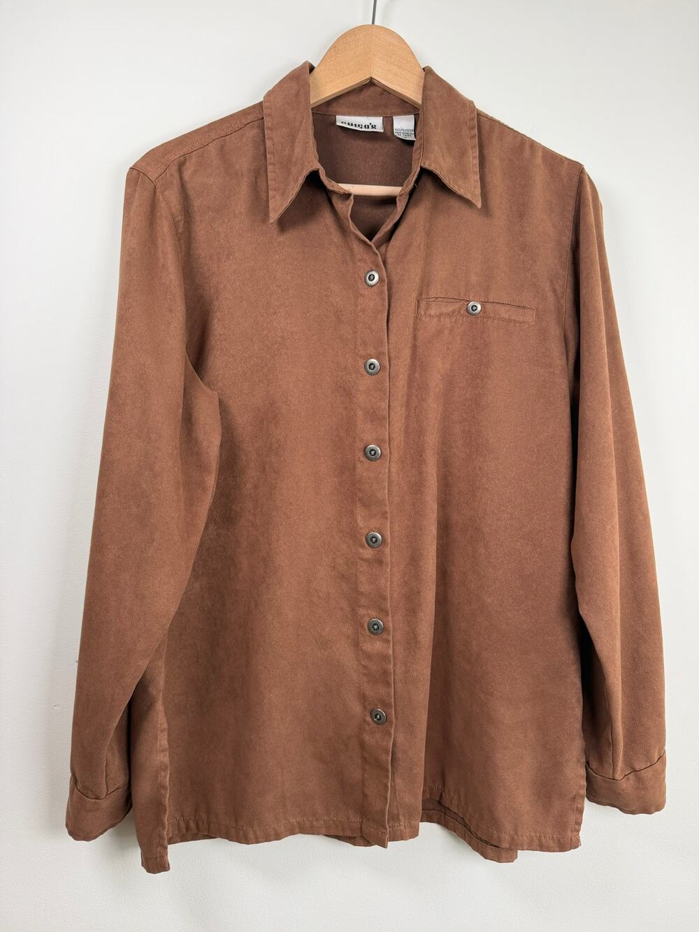 Chico's Design Faux Suede Button Up Shirt Brown Long Sleeve Vintage Top Sz M